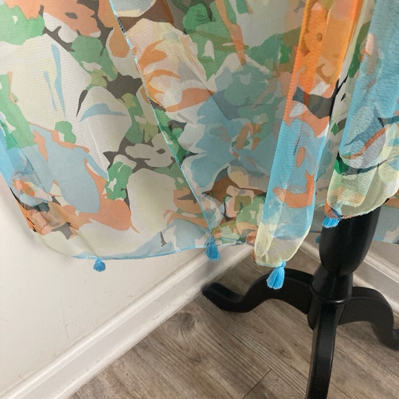 Women’s Skyblue Orange Green Floral Duster Sheer Chiffon Coverup Tassles - Picture 5 of 6